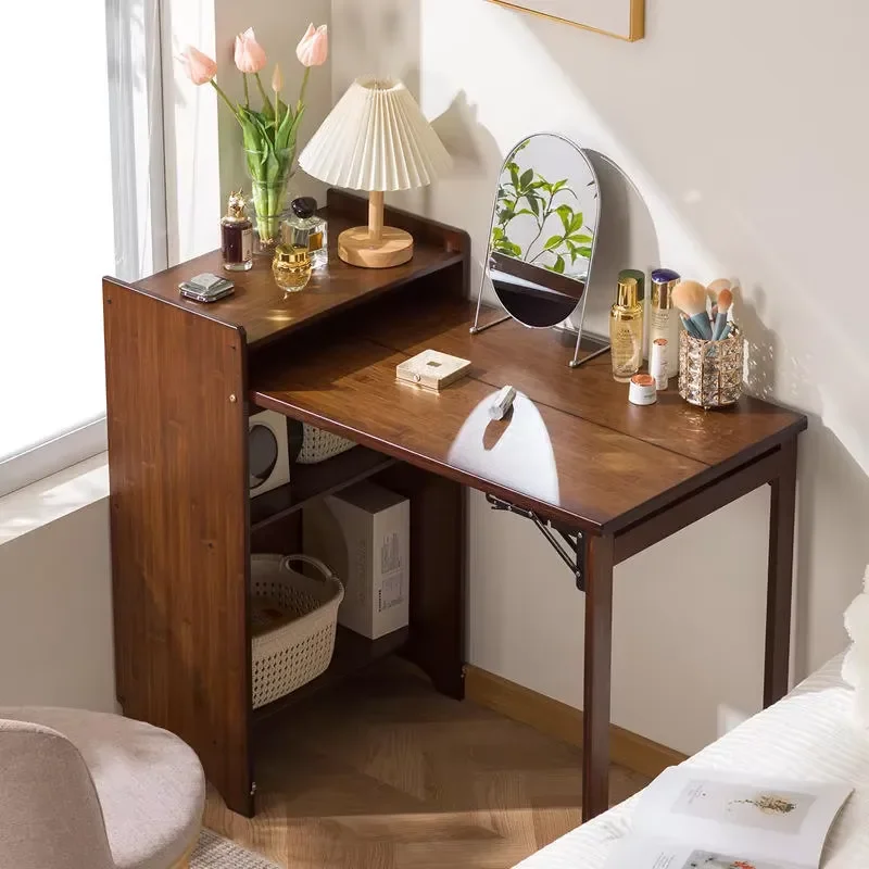 Solid Wood Folding Dressing Table Lighted Modern Simple Eco-Friendly Design Integrated Bed End Bucket Cabinet for Storage