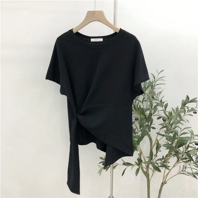 Short Sleeve T-shirts Women New Design Loose Korean Fashion Ins Simple Solid Students Футболка Женский Bandage Trendy Ulzzang