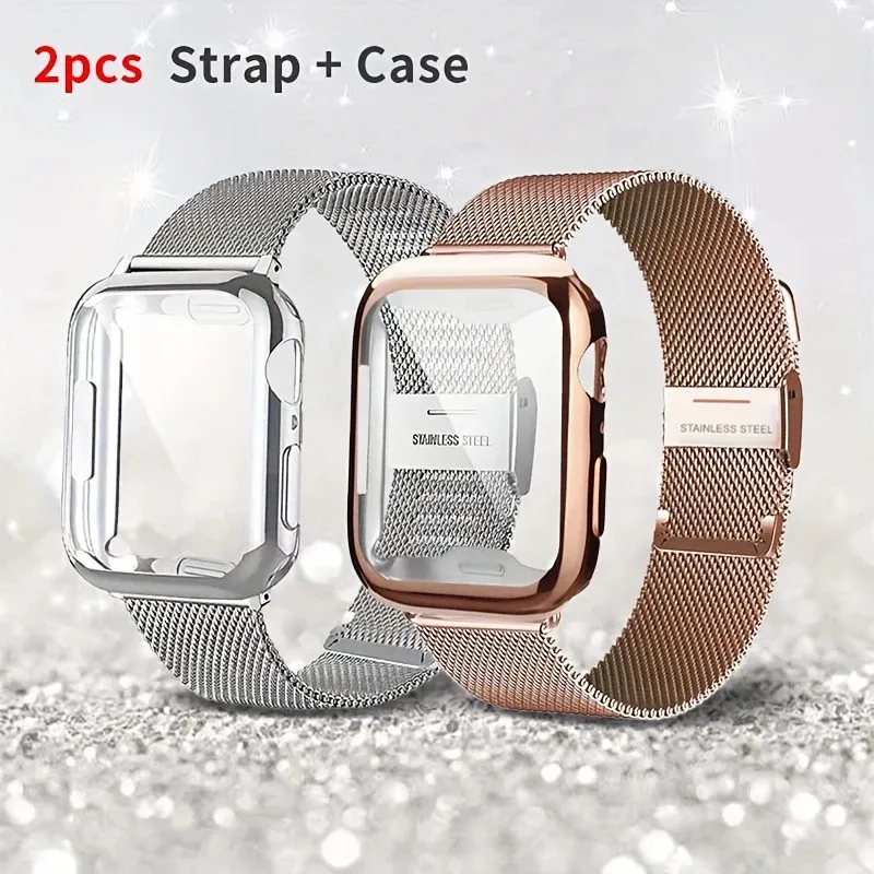 Milanese Loop Strap + TPU-Gehäuse für Apple Watch Band 41 mm 40 mm 44 mm 45 mm Metall-Mesh-Band für iWatch Serie 9 8 7 6 5 4 Armband