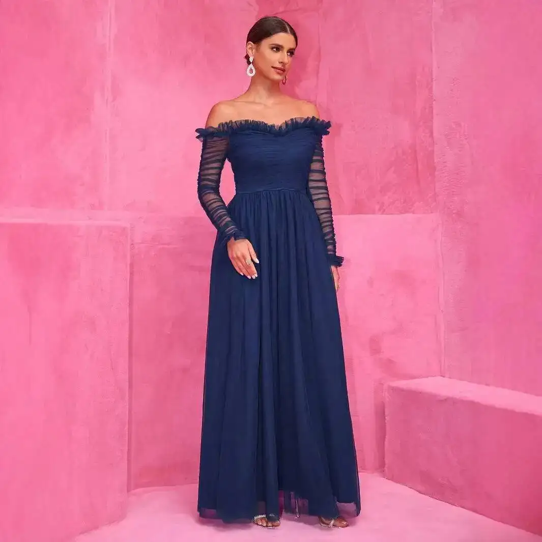 Evening Dress Patchwork Chiffon Dress, One Shoulder Lace Long Dress, Evening Dress, Women's Dress Robe Vestido Women Elegant