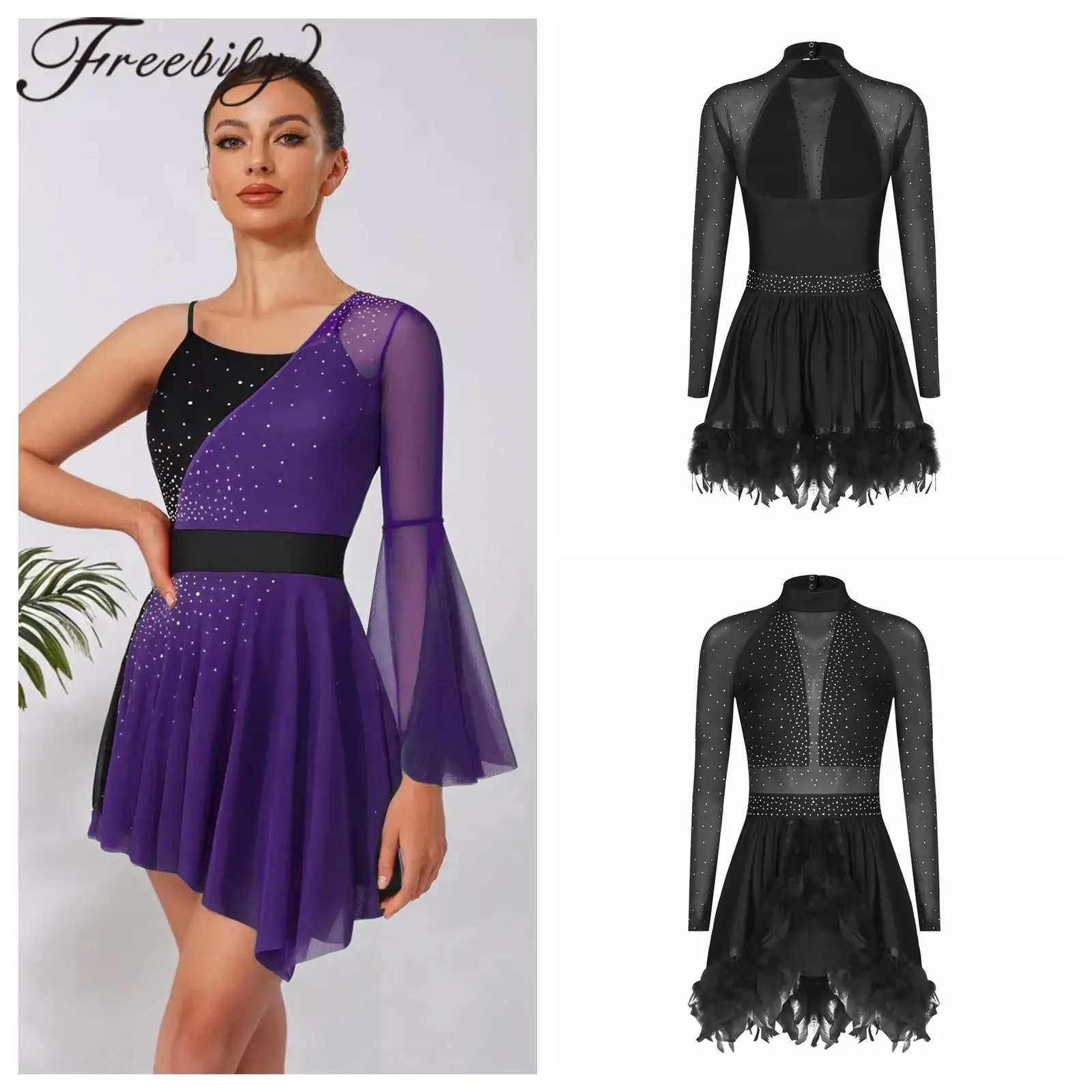 

Womens Lyrical Dance Costume Long Sleeve Figure Skating Dresses Dancewear Ballet Dance Leotard Rhinestone Ice Skating Clothes