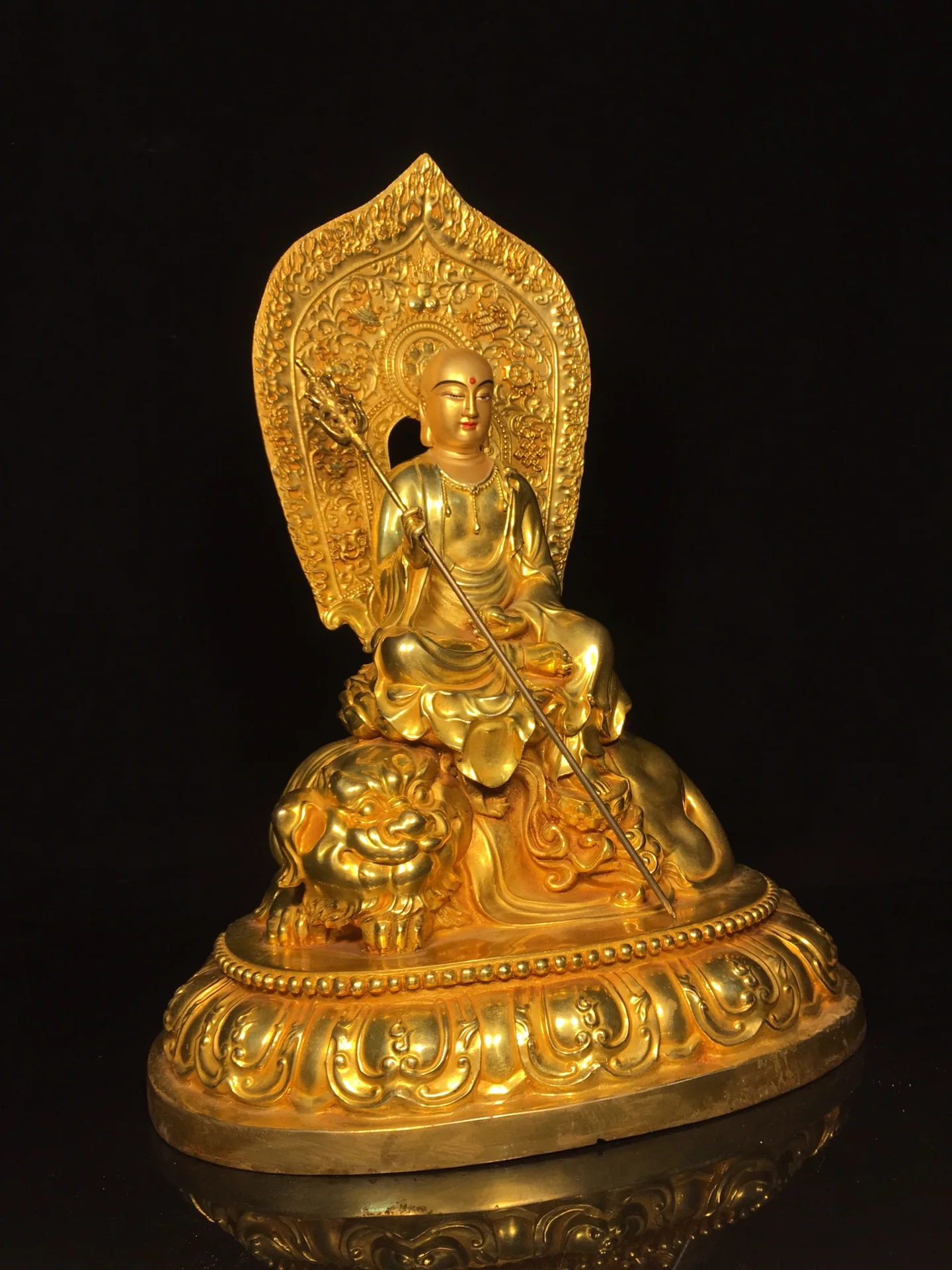 

16"Tibetan Temple Collection Old Bronze Gilded Cinnabar Ksitigarbha Bodhisattva Station Buddha Lotus Terrace Worship Hall