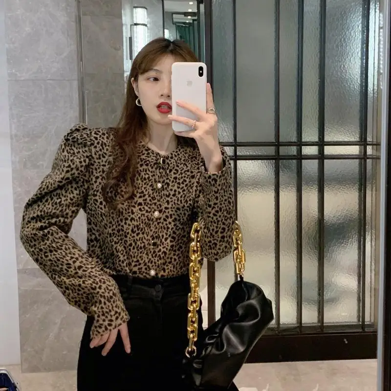 Leopard Print Shirt for in Spring Autumn Loose and Slimming Bubble Sleeves Retro Brushed Shirt Long Sleeved Top Female Clothes