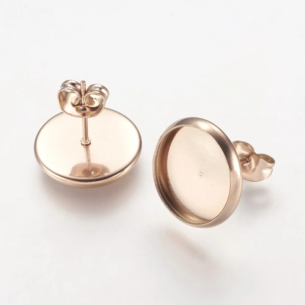 10 Pcs Ion Plating(IP) 304 Stainless Steel Stud Earrings Settings, Flat Round, Rose Gold, Tray: 12mm, 13x14mm, Pin: 0.9mm