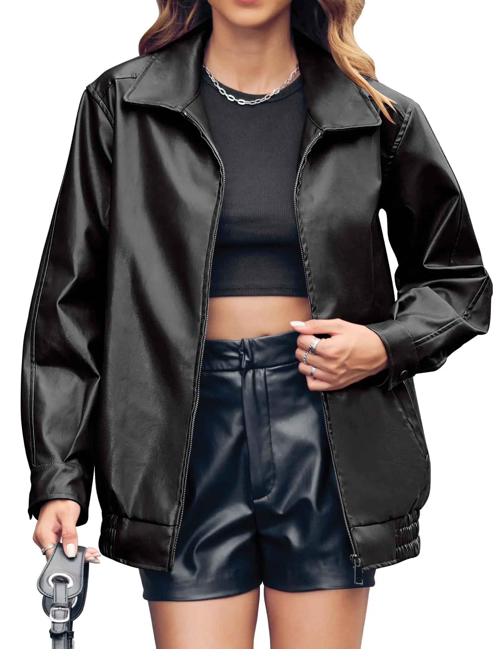 

Fashion Womens Oversized Faux Leather Jackets Casual Zip Up Trendy Bomber Motorcycle Windproof Jacket With Pockets