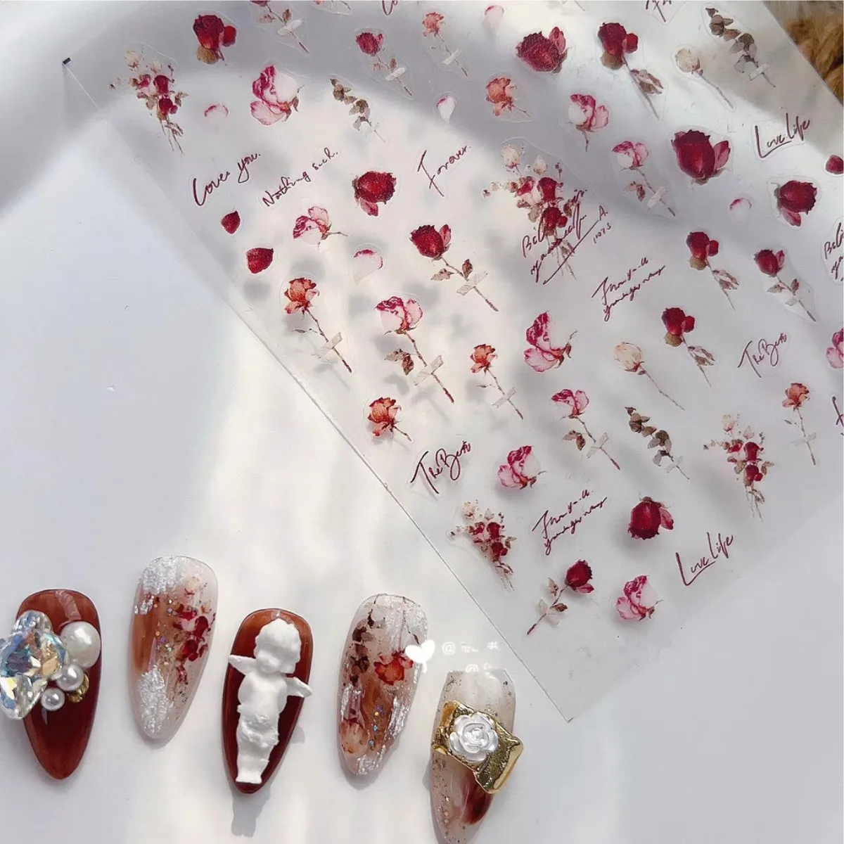 1 Uds 5D Simple tinta roja rosa Floral pegatinas para decoración de uñas flor roja rosa Beatuy decoraciones de uñas calcomanías autoadhesivas deslizador DIY