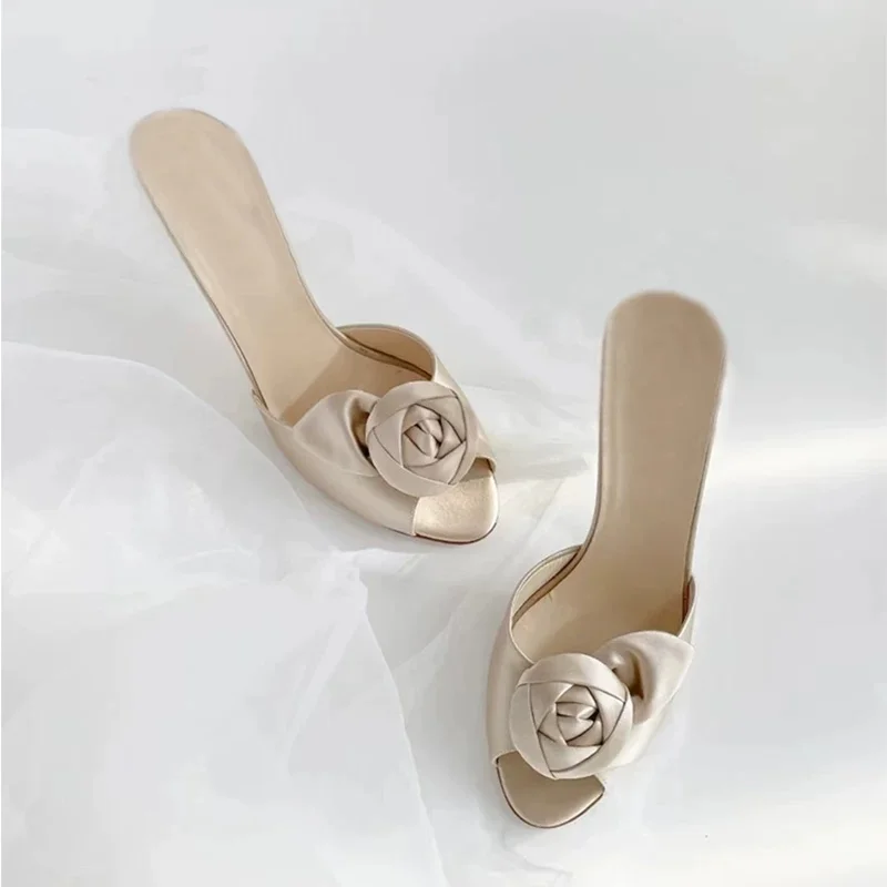 Retro Satin Floral Fishmouth Slippers 2026 Summer Women Shoes Thin Heel Toe-Open High Heels Elegant Sexy Purple Sandals for Lady