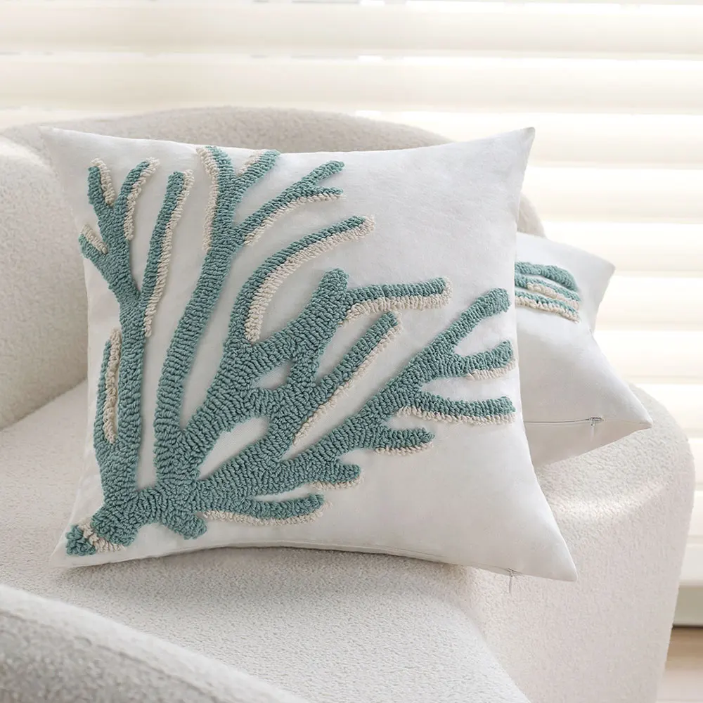 1pc Tufted Decorative Throw Pillow Cover 18x18 Inch, Coastal Blue Green Coral & Shell Pattern Square Cushion Cover Home Decor