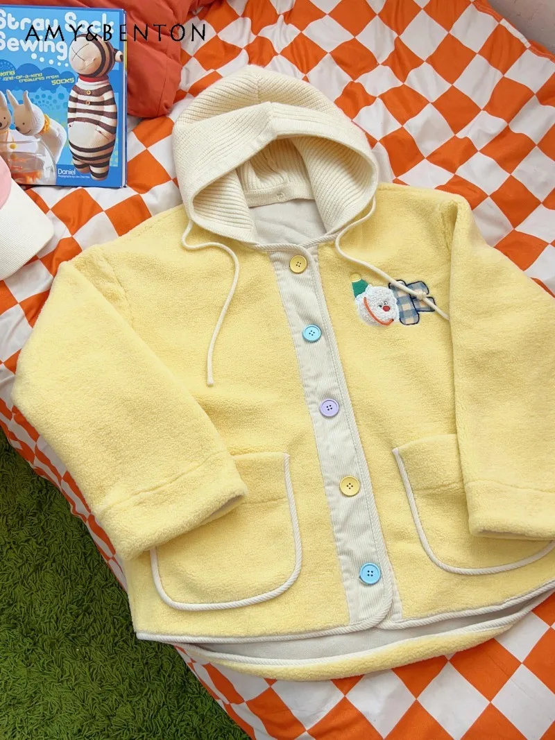 2024 New Japanese Winter Original Childlike Vintage Cute Milk Yellow Fleece Embroidery Removable Loose Hooded Jacket For Women