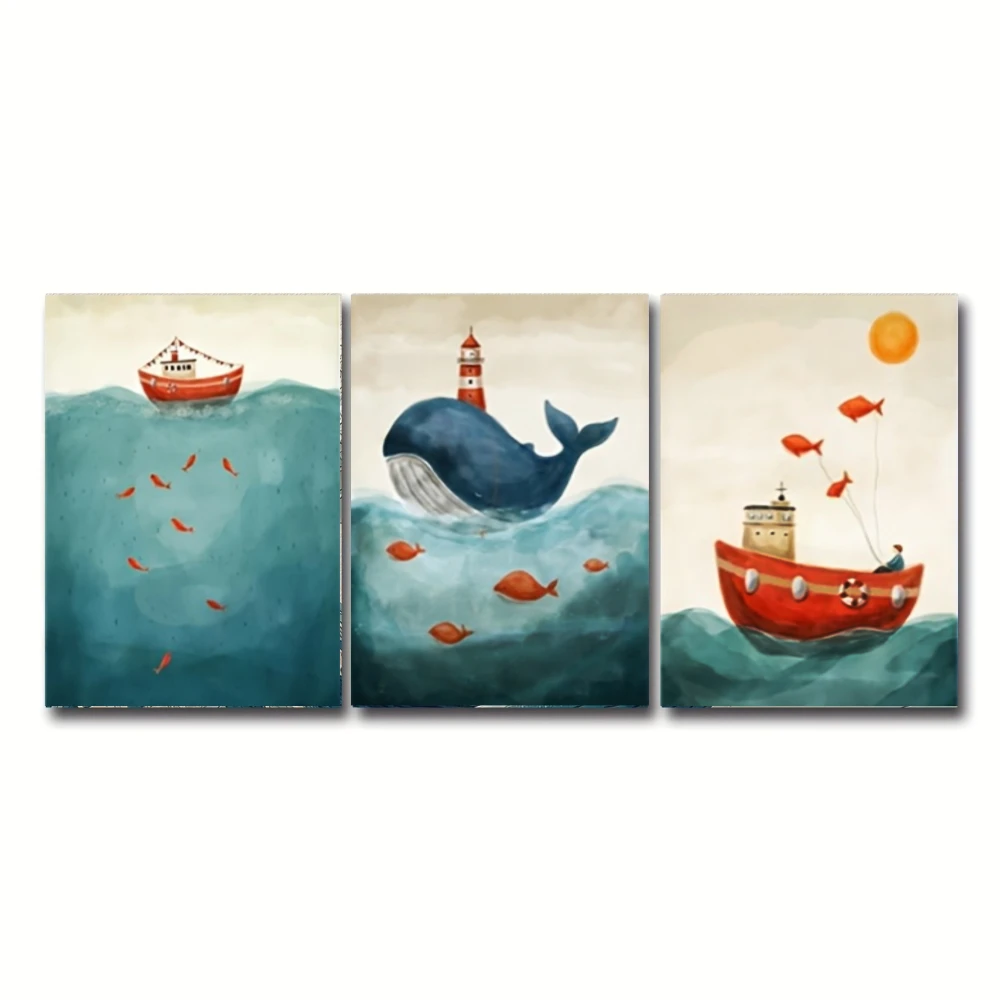 Nordic 3‑Piece Framed Wall Hanging, Textured Canvas Print of Ocean Whale Lighthouse & Fishing Boat, Wall Art for Headboard