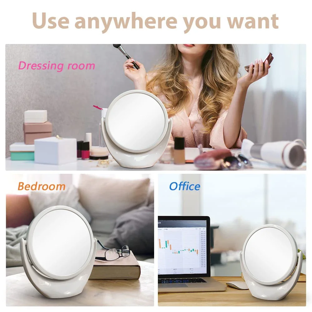 Espelho de vaidade de maquiagem com ampliação dupla face 1x/5x sem luz independente 360 °   Compacto cosmético portátil para viagem de rotação