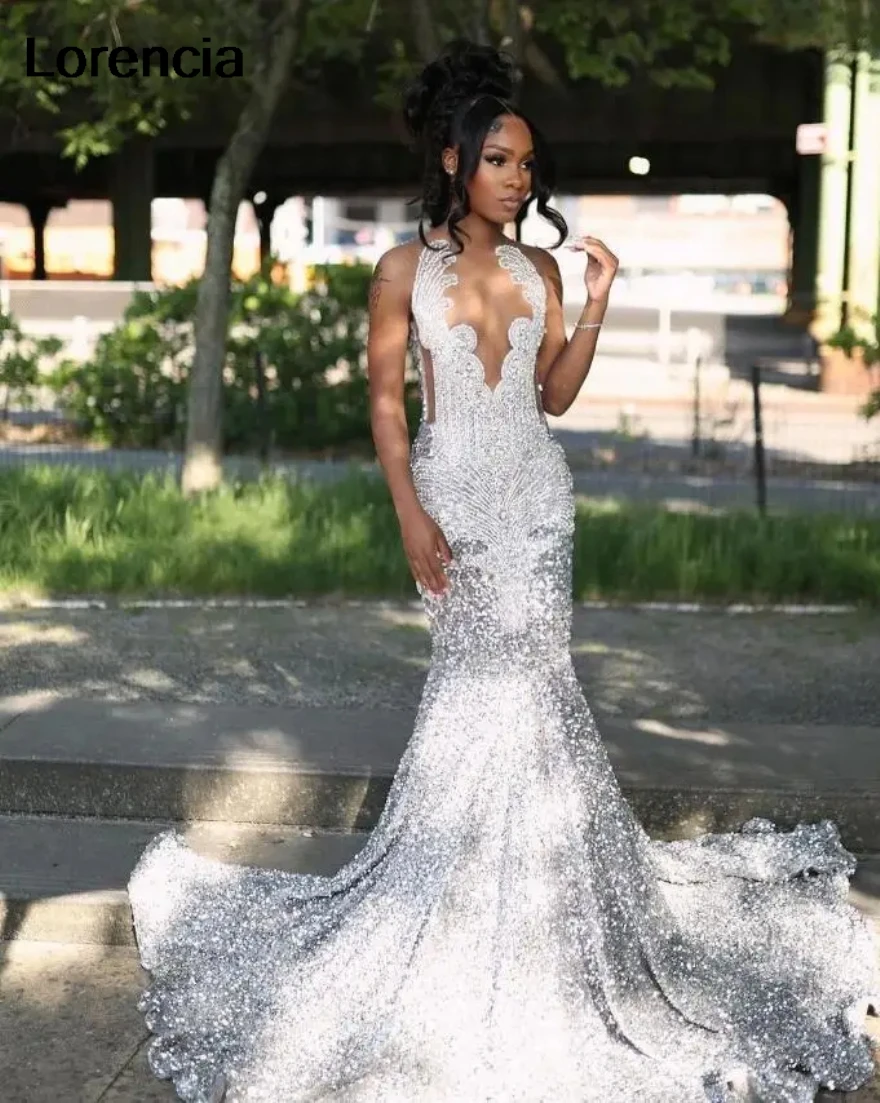 Customized Diamond Silver Mermaid Prom Formal Dress Black Girl Sparkly Crystal Velvet Evening Birthday Party Gala Gown YPD194