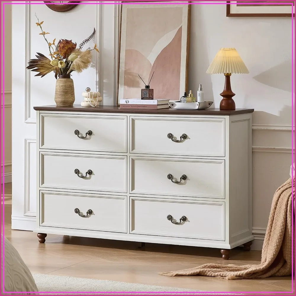 Farmhouse 6 Drawer Dresser 54 Inch Wide Chest with 4 Wooden Legs Rustic Storage Organizer White