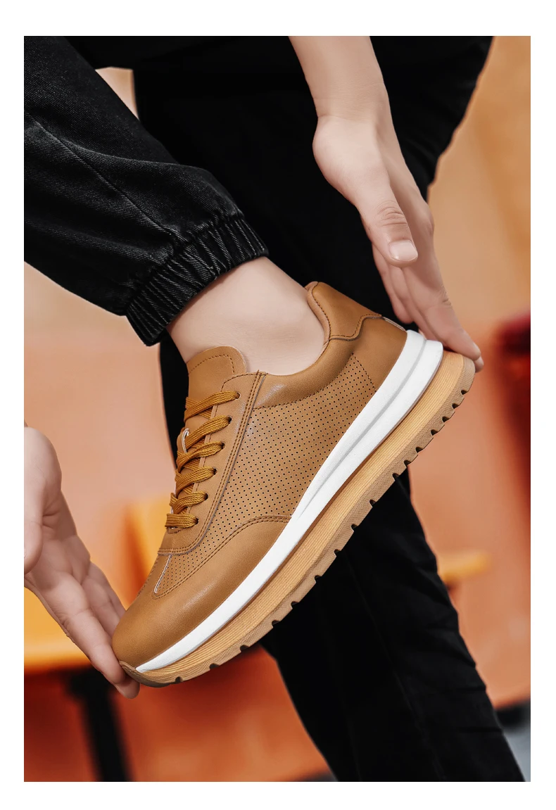 Frühling Sommer Neue Echtleder Freizeitschuhe Atmungsaktive Herrenschuhe Runde Zehenkappe Schnürung Plateau-Sneaker aus Rindsleder – Detail 15