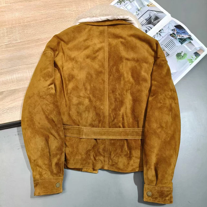 Kurtka damska z prawdziwej skóry zamszowej, modna, wełniany kołnierz, jednorzędowa, z paskiem, dopasowany krój, krótkie płaszcze puchowe, Chaquetas De Mujer