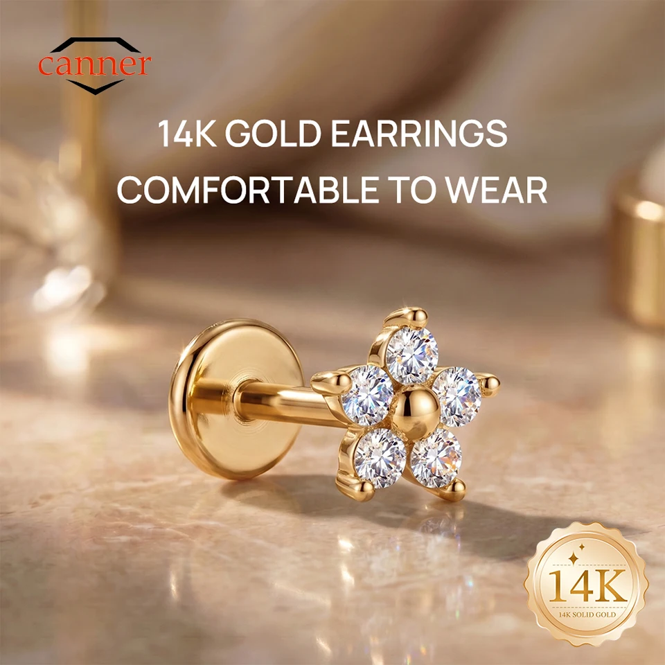 

CANNER 1PC 14K Solid Gold Simple Flowers CZ G23 Titanium Piercing Ear Bone For Women Hypoallergenic Dainty Earring Wedding Gift