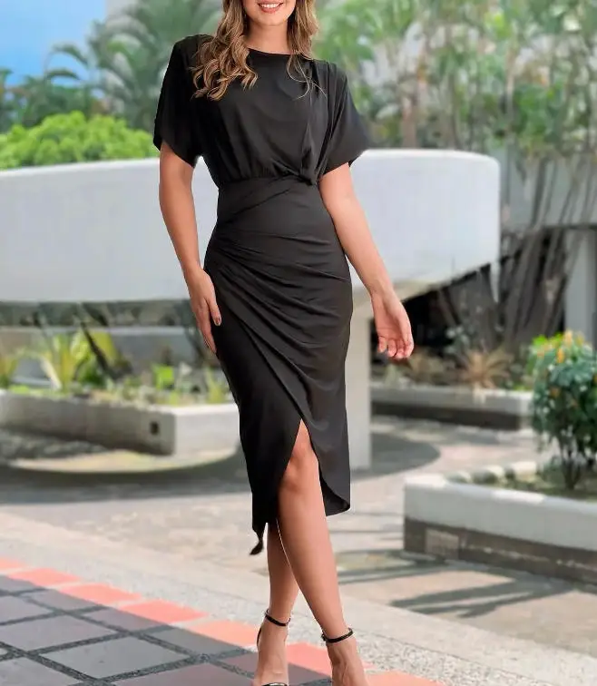

Women Dress 2026 Spring New Round Neck Batwing Sleeve Ruched Cinched Waist Wrapped Slit Dress Elegant High Waist Commuting Dress