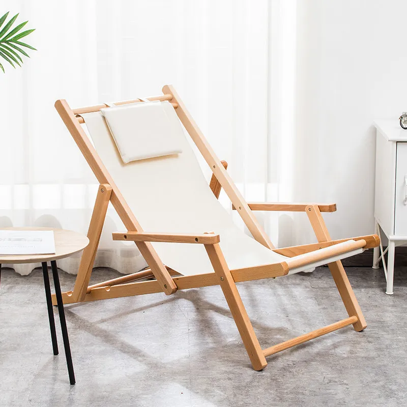 Imported Beech Wood Folding Beach Chair, Canvas Reclining Lounge for Balcony, Portable Outdoor Leisure Seat, Solid Wood Frame