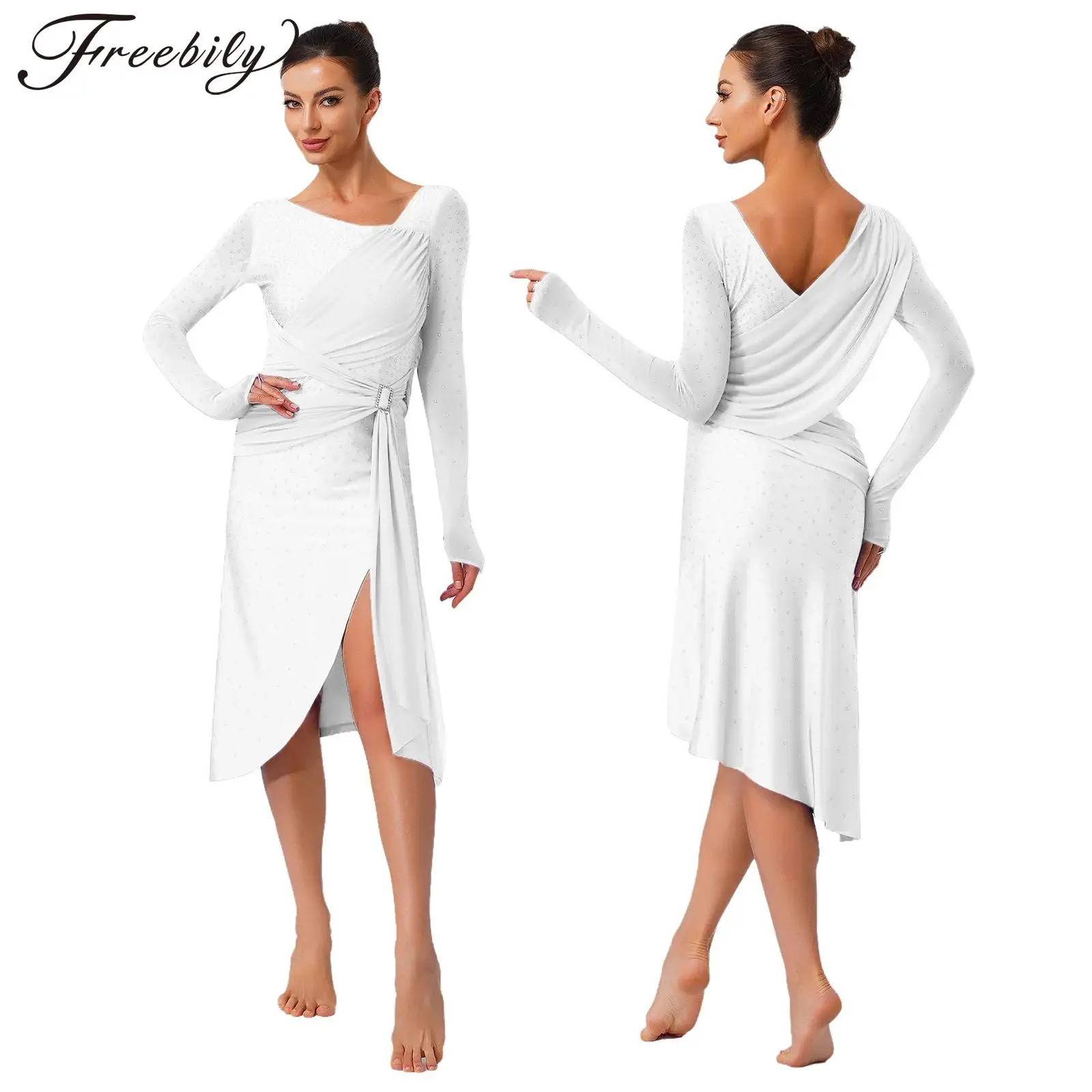 

Женское современное лирическое танцевальное платье с прозрачной сеткой и длинными рукавами, блестящая танцевальная одежда со стразами и поясом для фигурного катания