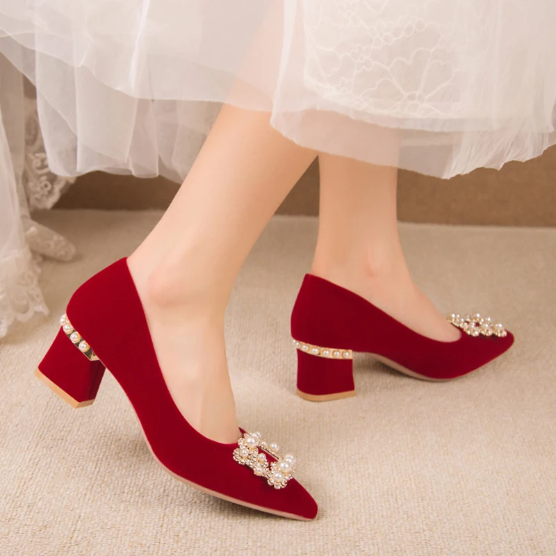 Pearl Crystal Thick Heels Bridal Shoes Women Elegant Pointed Toe High Heel Pumps Woman Red Flock Shallow Wedding Shoes Bride