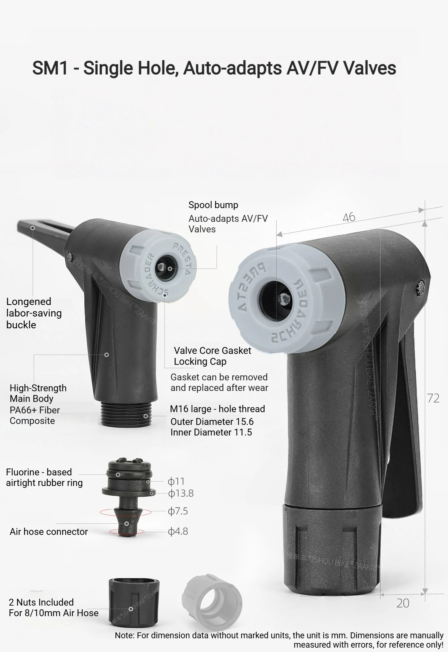 JSHOUBIKE Pumpenadapter, passend für 3 Ventile (Schrader/Presta/Dunlop), kompatibel mit 8/10 mm Schlauch, Ersatz für manuelle und elektrische Pumpen – Detail 2