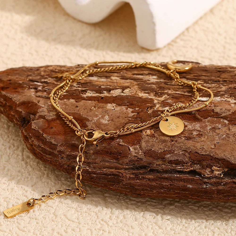 MamacitaSlay تصميم جديد طبقة مزدوجة سلسلة من الخرز القمر ستار الشمس سحر أساور بالجملة التيتانيوم الفولاذ المقاوم للصدأ المرأة المجوهرات #3