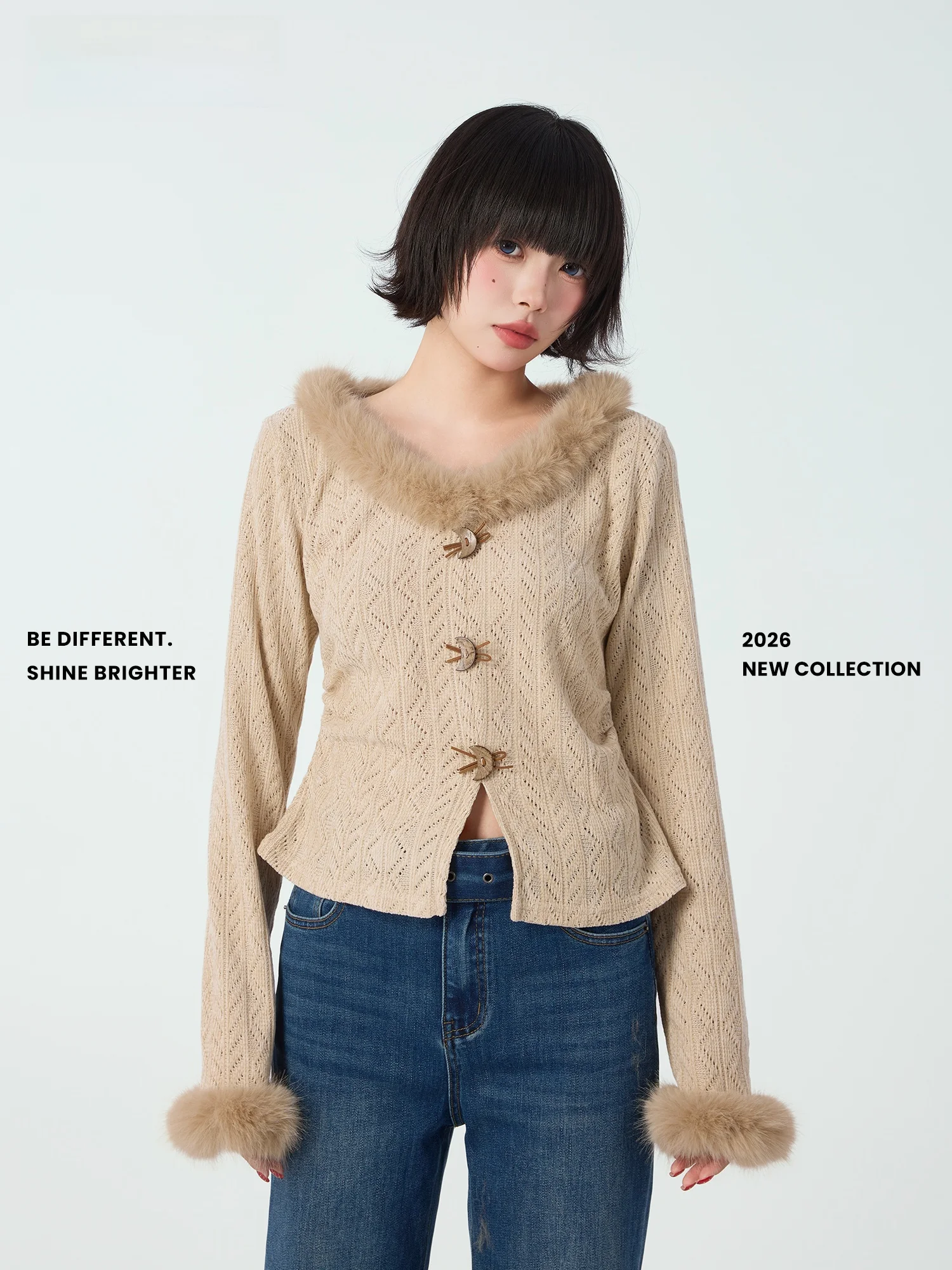 

Didimax Spring New Khaki V-ne Knitted Long Sve Open Cardigan Women's Polyester Fiber Hollow out Design Faionable Knitwear