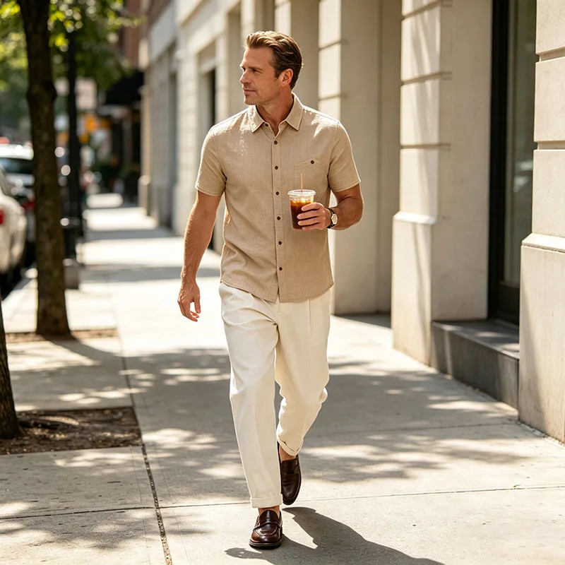 Camisa Masculina de Linho com Manga Curta e Botões, Casual, para Praia, com Bolso no Peito, Respirável, Leve, para o Verão.