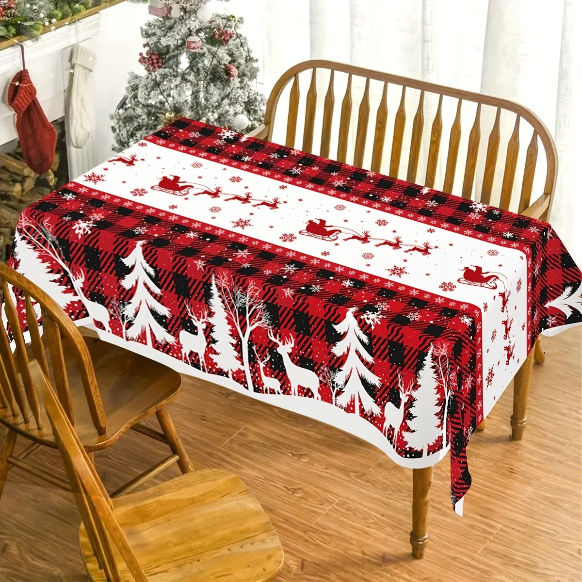 Christmas Plastic Tablecloth Disposable Buffalo Plaid Tree Elk Rectangle Table Cover For Kitchen Dining Table Decor, Christmas