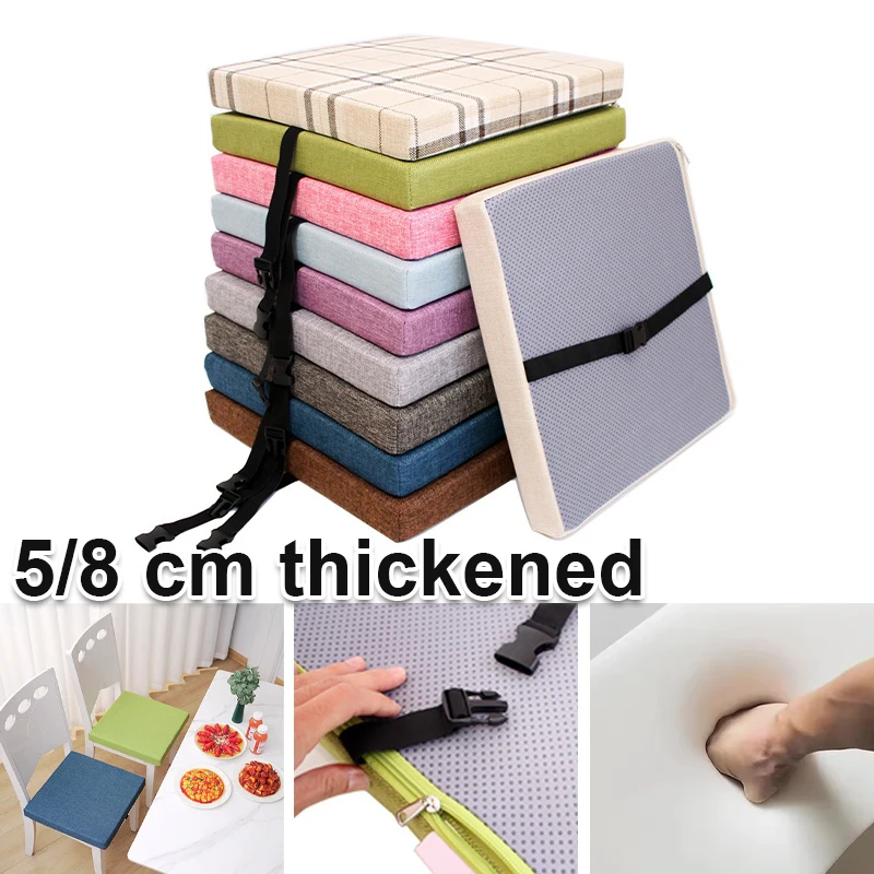 

Linen Fabric Chair Cushion Thick High Density Sponge Square Pad with Buckles Adjustable for Office Home Dining Chair Seat Pad