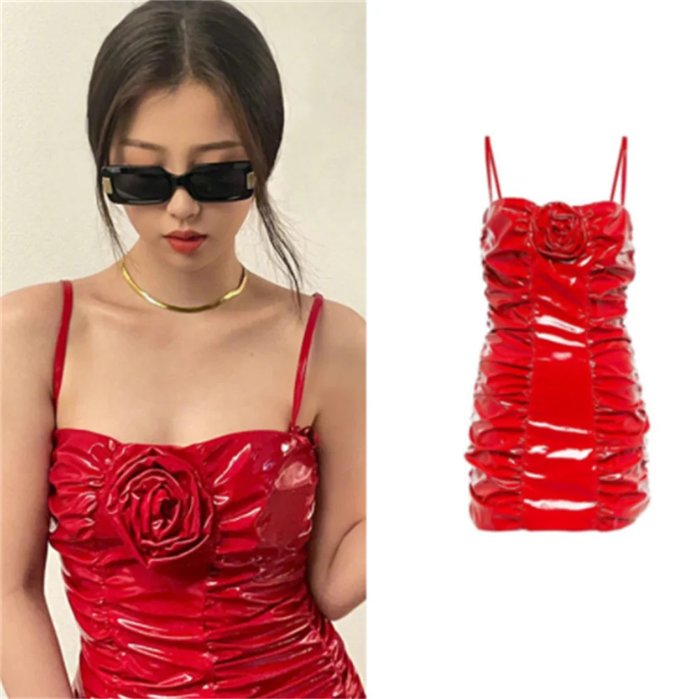 Red bright lacquered pu leather flower halter dress pleated slim dress Sling Flower slim dress women