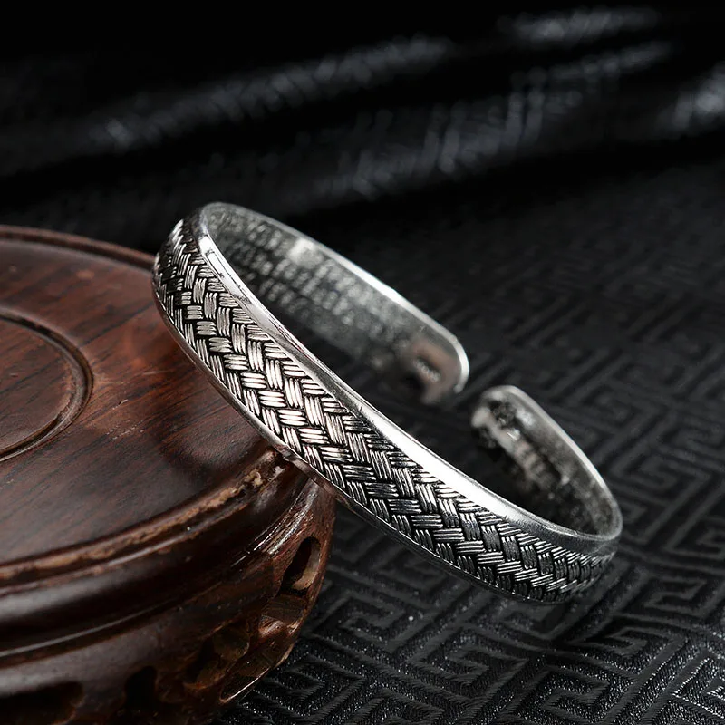 Retro 925 Silver Heart Sutra Bracelet Couple Scripture Opening Brocade Engraved Bracelet for Men and Women Jewelry Gift