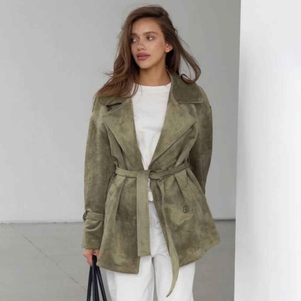 Vintage Suede Jacket Women Autumn Winter  Turn Down Collar Tie Waist Casual Outerwear