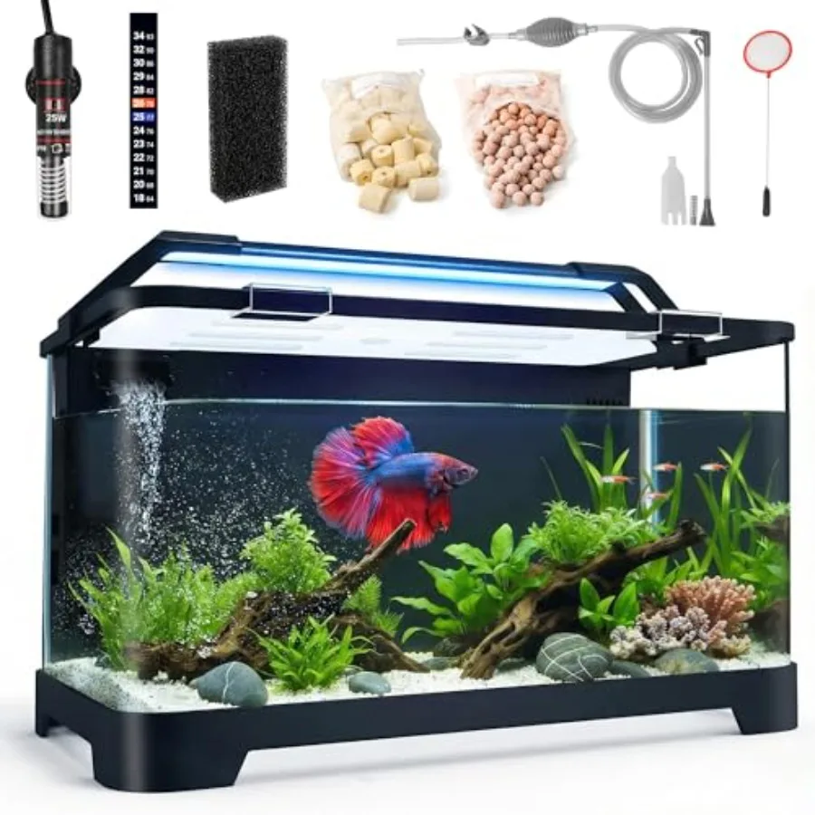 

3.5 Gallon Betta Fish Tank for home use, acrylic, black, all-in-one with back filter, adjustable pump, 25W heater, thermometer