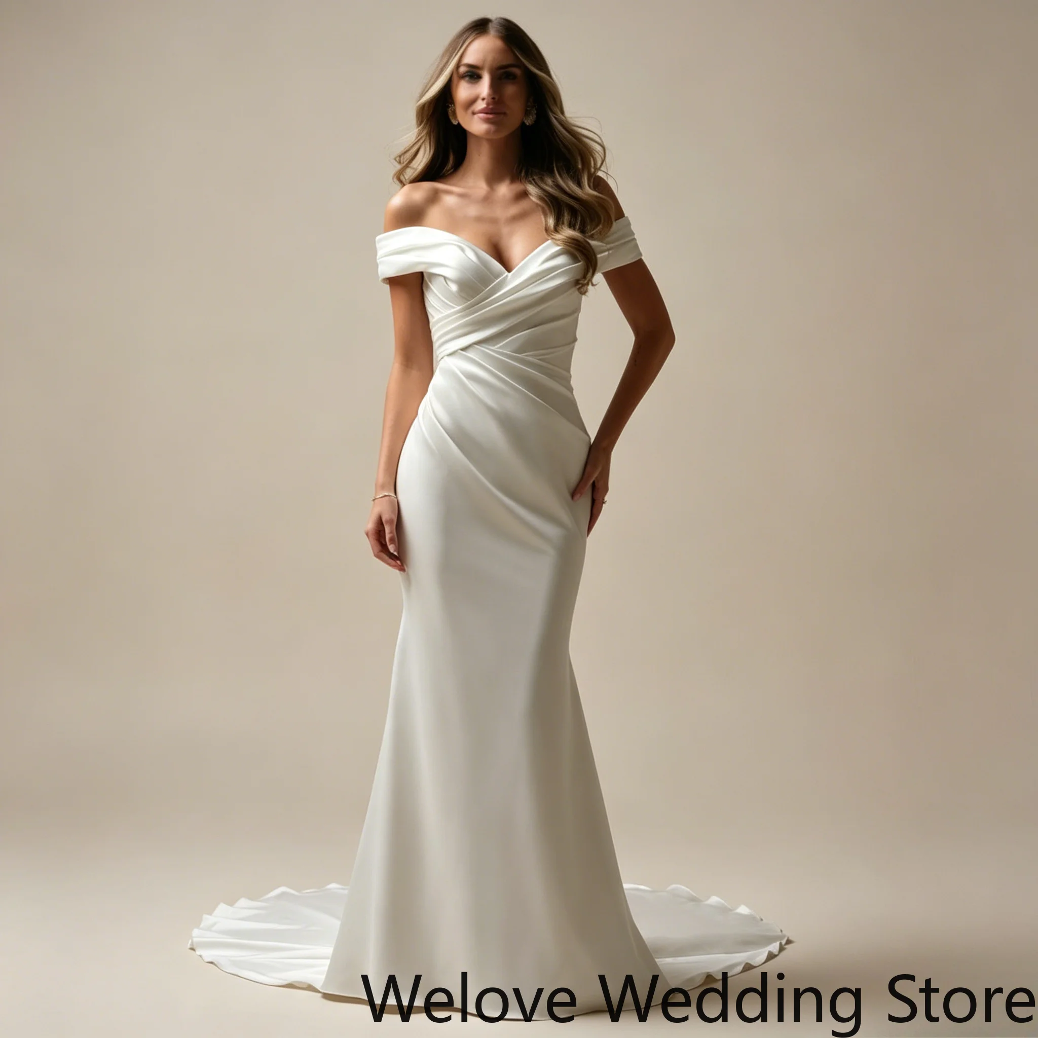 Customized Luxury Ivory Satin Mermaid Wedding Gown Featuring Classic Off-The-Shoulder Neckline With Short Fold Cuff Sleeves
