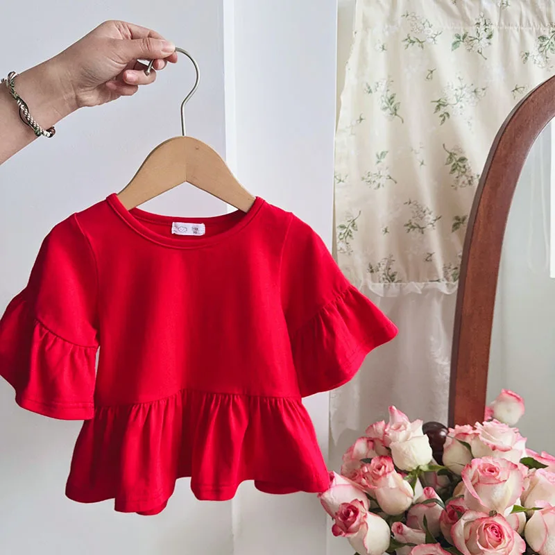 New Summer Girls Fly-Sleeved Ruffled Shirt Children\'s Short-Sleeved Yankee Blouse Female Baby Doll Shirt Cute Top Solid Colour