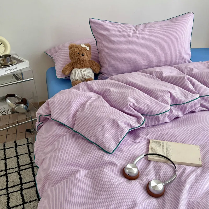Cotton Double Gauze Bedding Set Striped Grinkled Duvet Cover Bedding  Flat Sheet Pillowcases Bed Linens Home Queen Skin Friendly