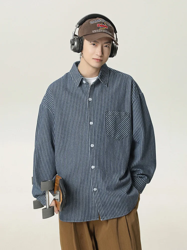 Denim striped long-sleeved shirt for men, spring style, back stitching design, Japanese retro casual blue shirt jacket