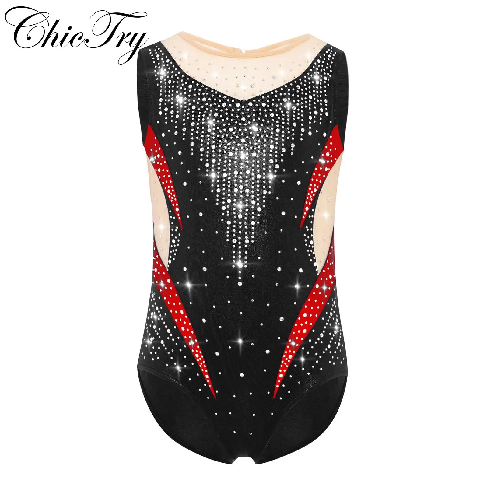 

Kids Girls Ballet Gymnastics Dance Leotard Sleeveless Sheer Mesh Patchwork Rhinestones Color Block Figure Ice Skating Bodysuit