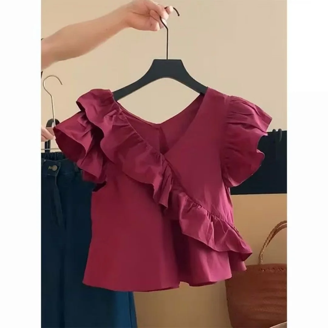 Summer Dopamins Solid Color Elegant Casual Shirt Women's V-Neck Ruffle Stitch Flying Sleeve Pullover Fashion Explosive Short Top