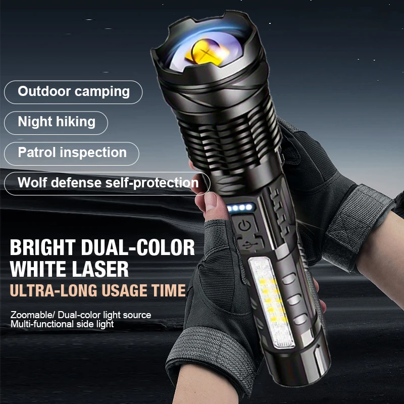 XHP50 High Power LED Flashlight Tactical COB Side Light Zoomable Torch Aluminum Alloy USB Rechargeable Waterproof self-defense