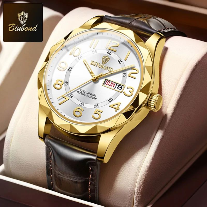 

BINBOND Luxury High Quality Watches for Men Sport Quartz Leather Man Watch Waterproof Luminous Date Week Men's Watch Male Reloj