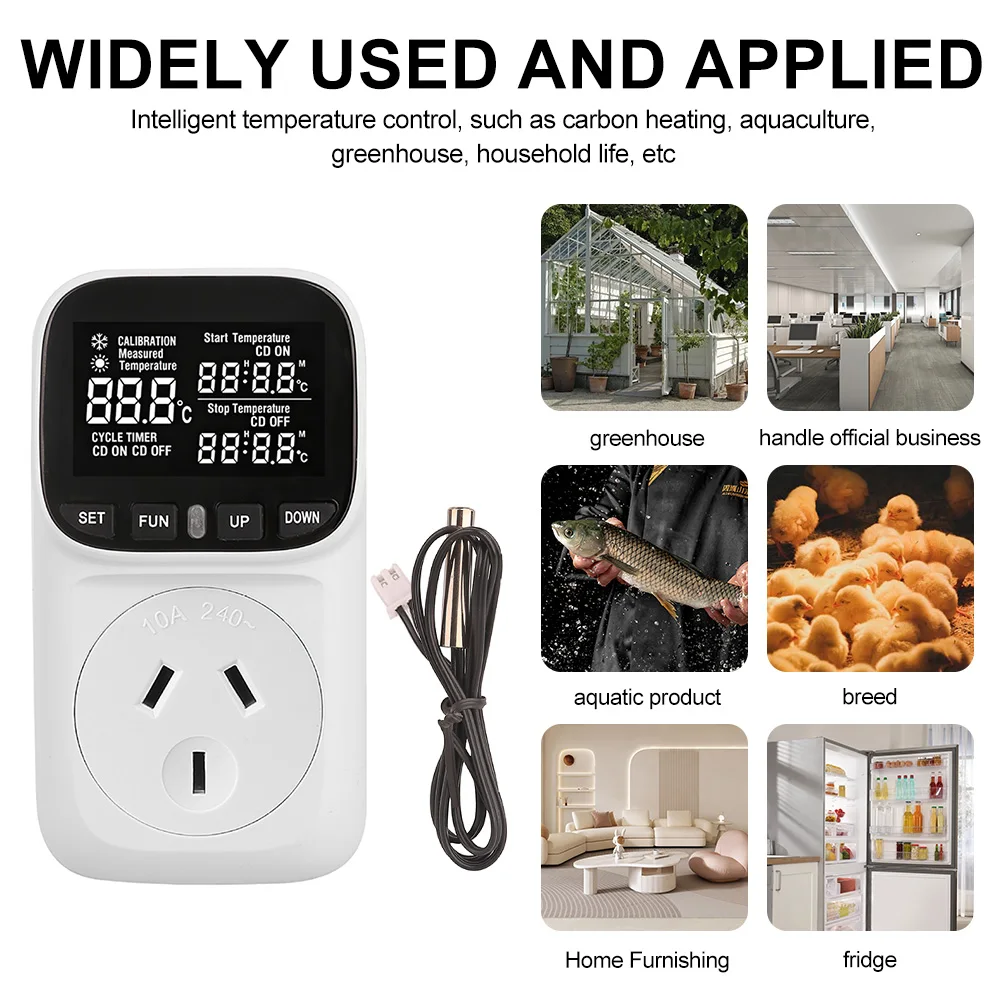 Picture 6: Digital Temperature Controller Socket EU/AU/UK Plug Outlet with Timer Sensor Probe Heating Cooling Switch Backlight LCD Display