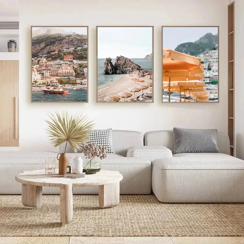 Frameless Retro Italian Coastal Landscape Living Pool Diving Europe Travel Poster Canvas Painting Wall Art Pictures Home Bedroom