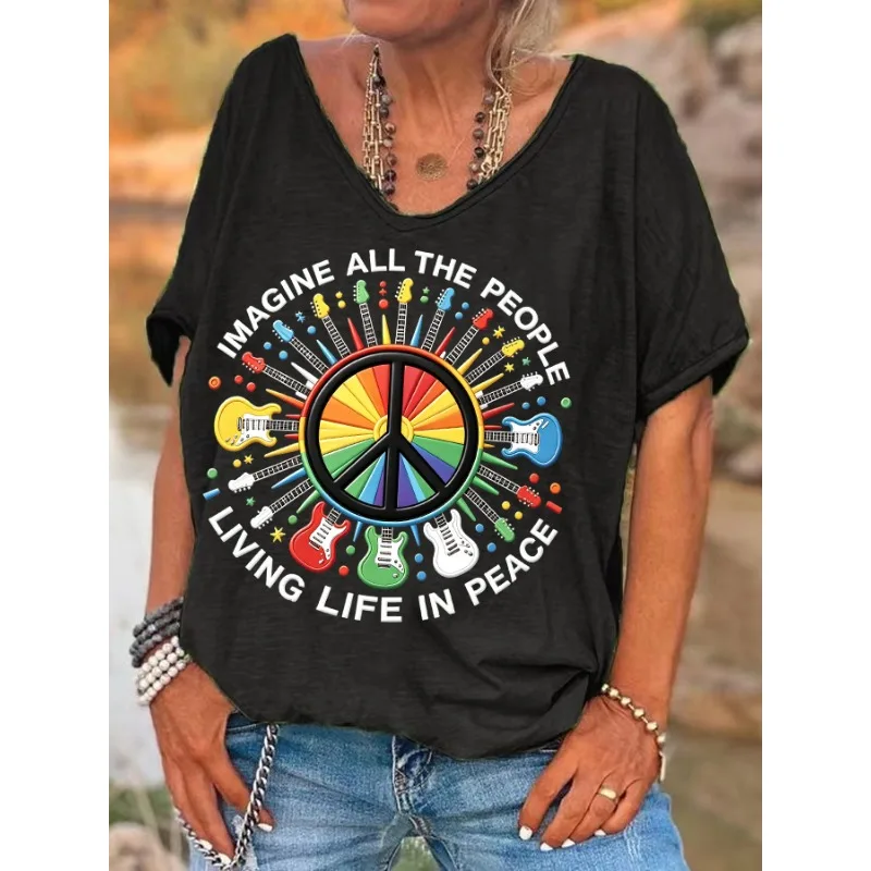 ilstile Women's Hippie Living Life in Peace Print T-Shirts Summer Holiday Short Sleeve T Shirt Casual Loose V Neck Tops Tees