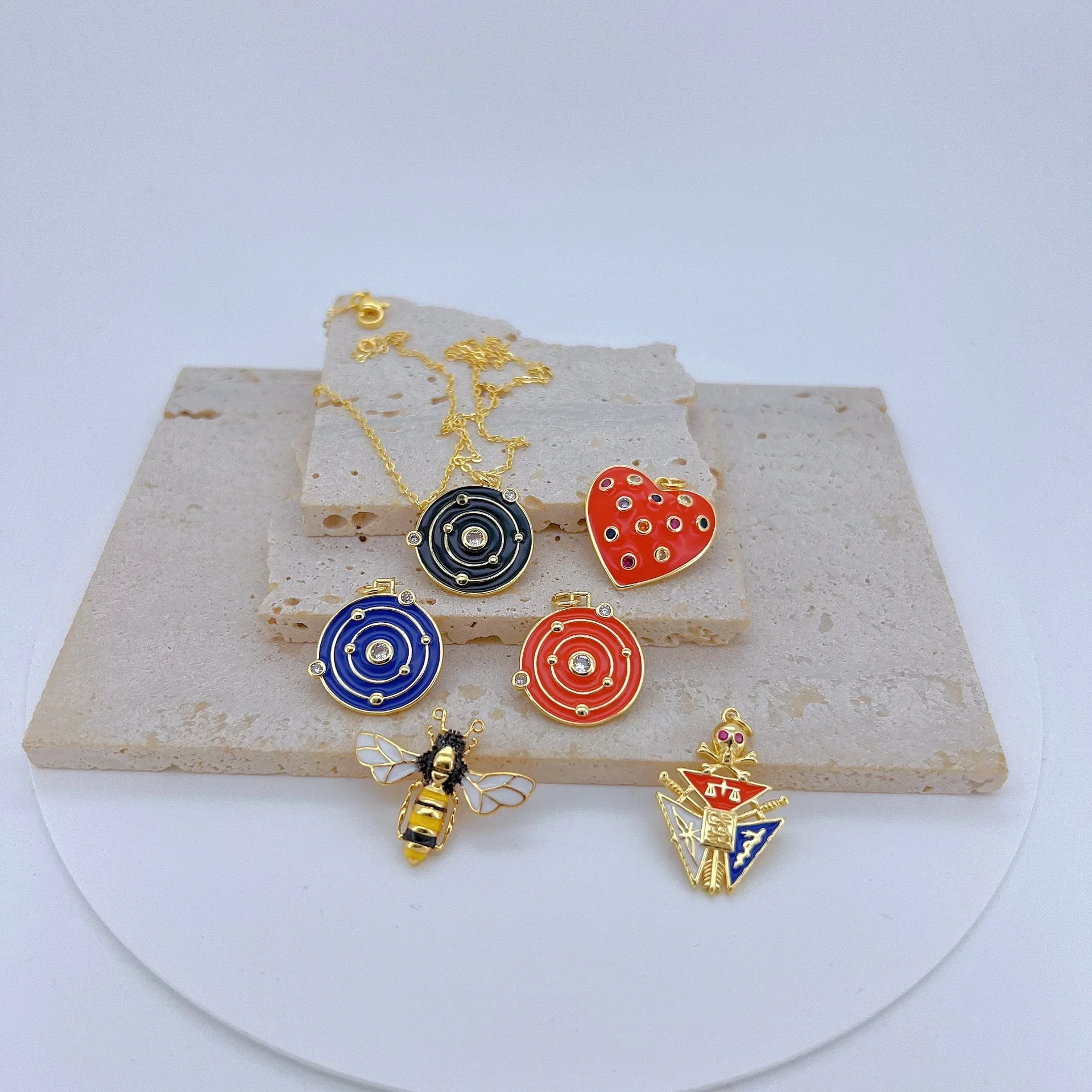 LJRIVER for Diy Jewelry Accessories Enamel Pendant Round Heart Bee Skull Shape Copper Inlay Zircon Earrings Necklace Making 2Pcs