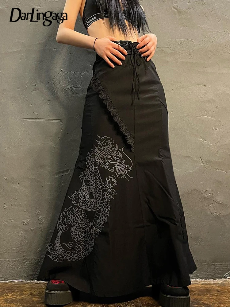 Darlingaga Chinese Style Vintage Fashion Dragon Print Long Skirt Lace Up Ruffles Elegant Women Skirts High Waist Gothic Clothes