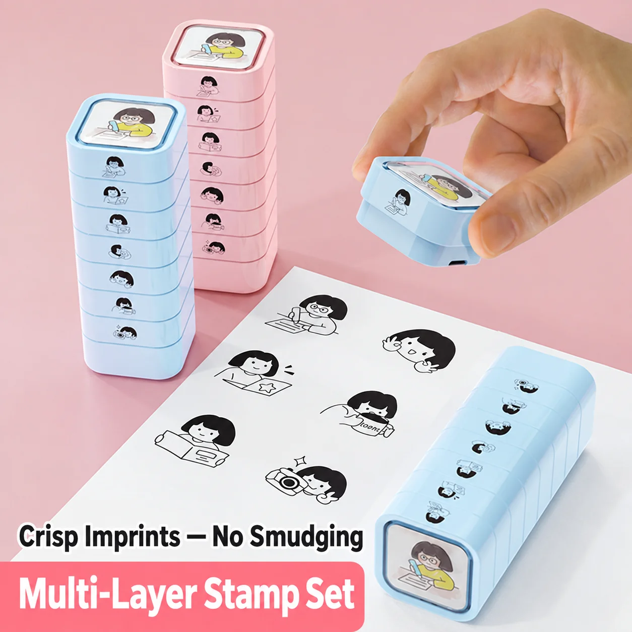 Cute Cartoon Girls Pre-Inked Stamp Square Building Block Stamp for Journal Scrapbooking Craft Pattern DIY Back To School Gifts