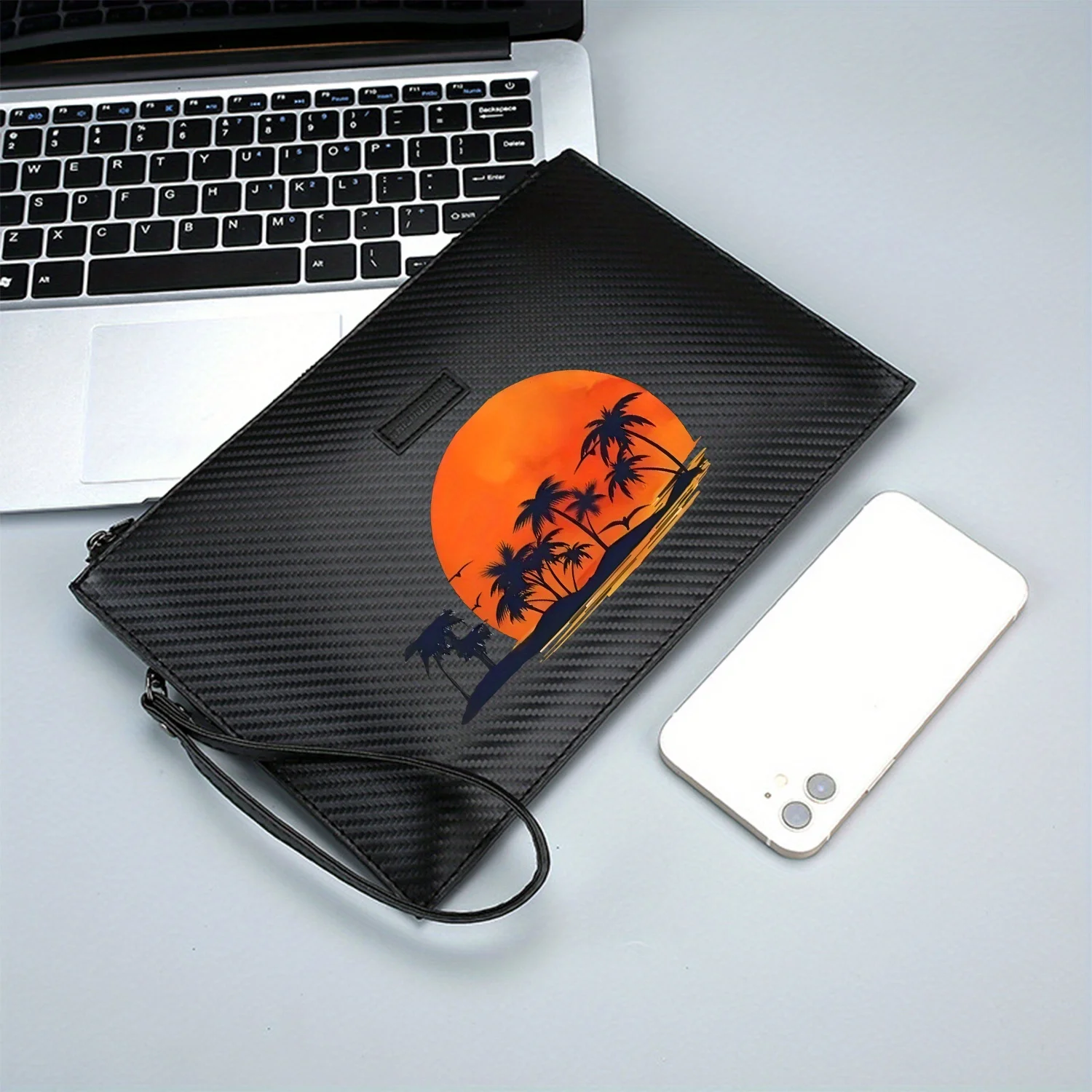 أشجار النخيل، طيور الشمس، غروب الشمس المحيط، حقيبة يد رجالية أنيقة مطبوعة من البولي يوريثان، عصرية وعملية للحمل اليومي