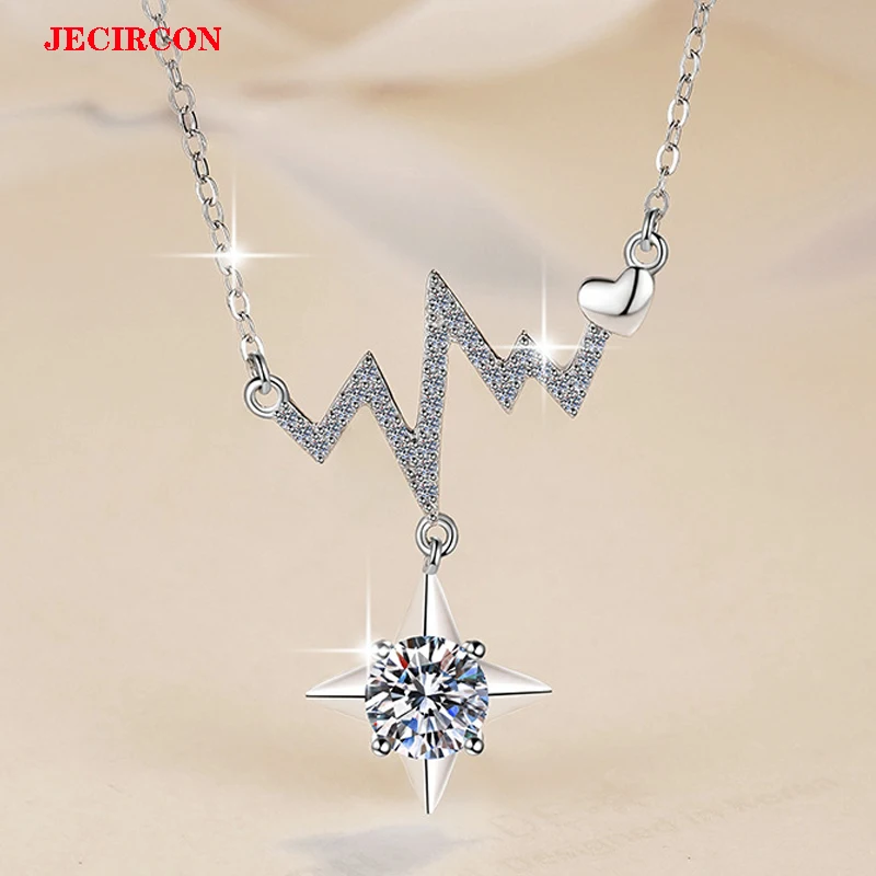 

JECIRCON Summer New S925 Sterling Silver Collarbone Chain Electrocardiogram Star Pendant 1 Carat Moissanite Necklace for Women